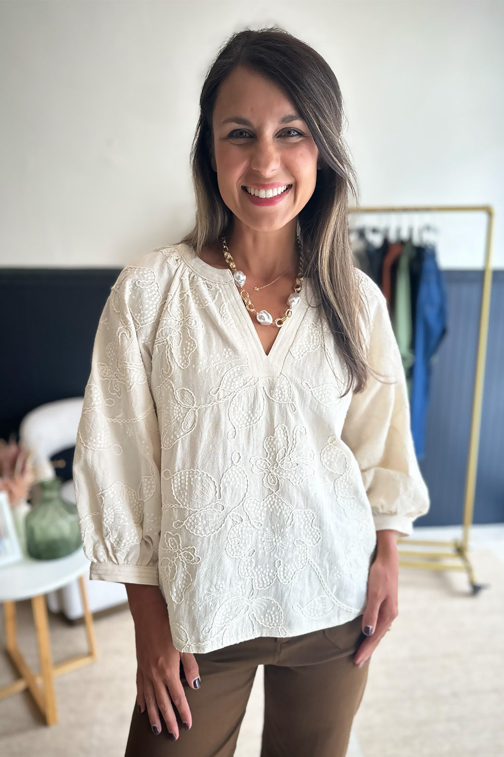 Cream Floral Embroidered Blouse