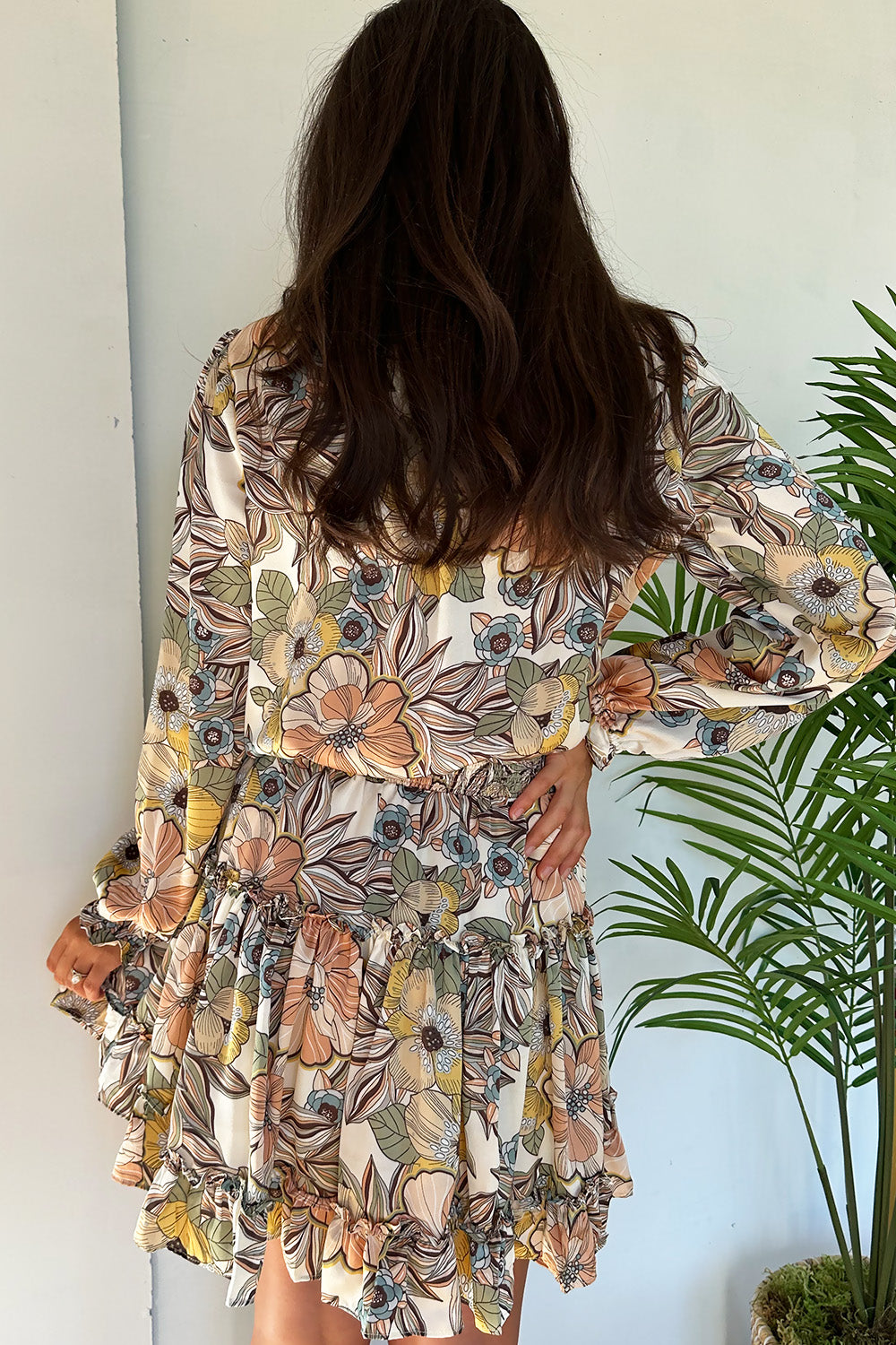 Cream Long Sleeve Floral Print Dress