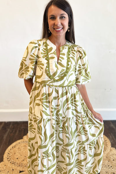 Cream and Green Scallop Trim Midi