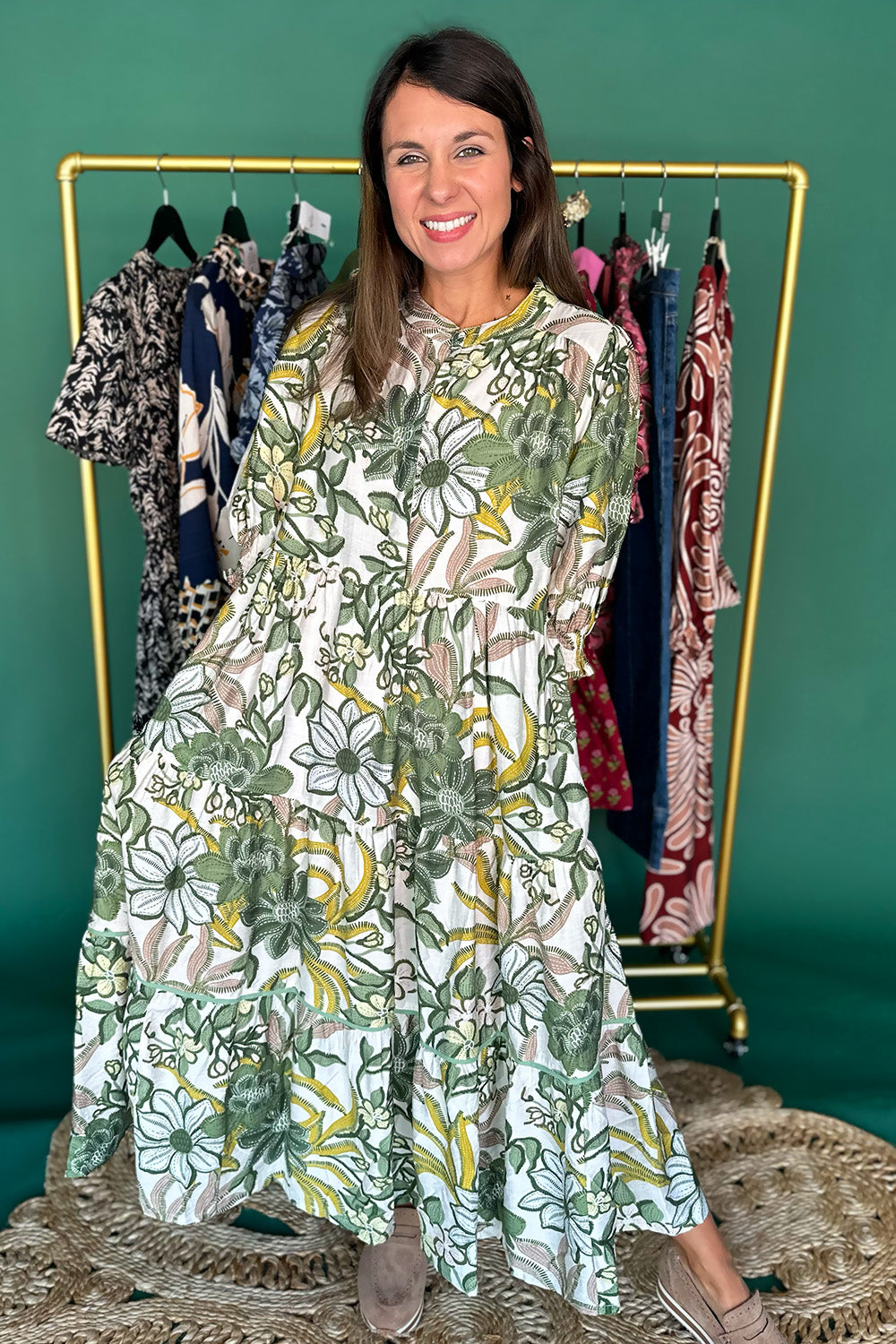 Green, Cream, Mustard Floral SS Midi