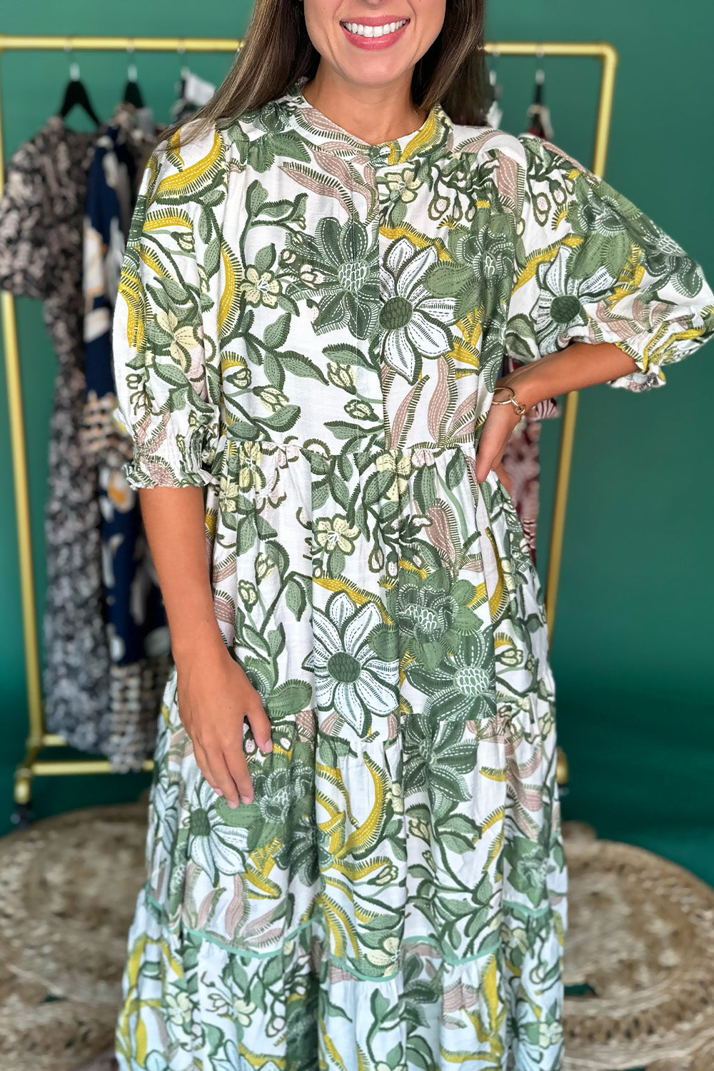 Green, Cream, Mustard Floral SS Midi