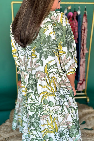 Green, Cream, Mustard Floral SS Midi