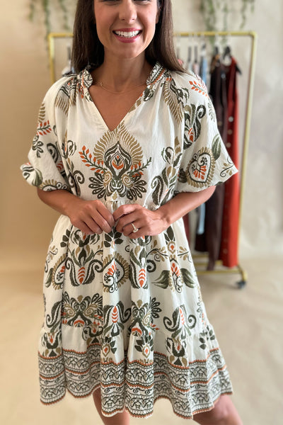 Cream and Olive Bubble SS Dress