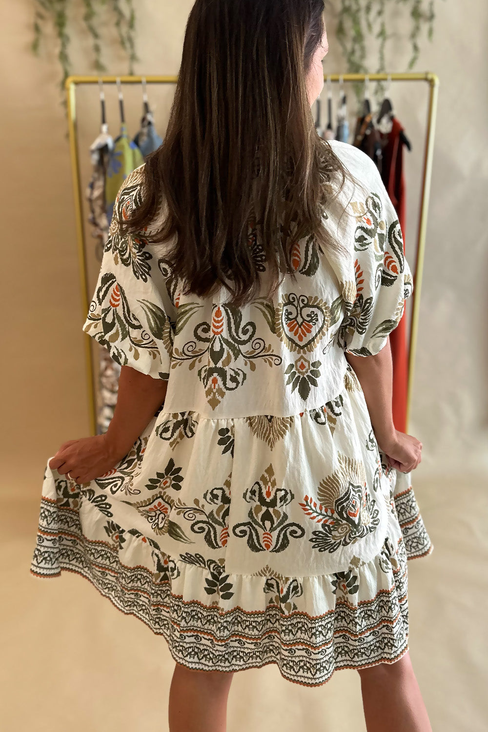 Cream and Olive Bubble SS Dress