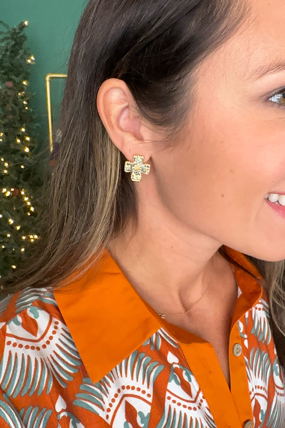 Gold Textured Cross Stud Earrings