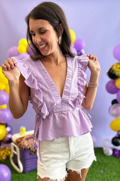 Lilac Pleated Ruffle Deep Vneck Top