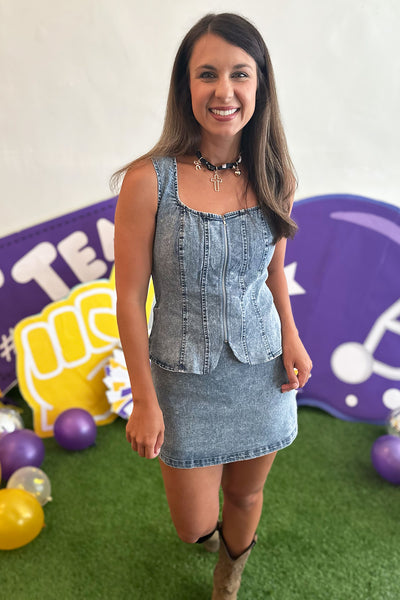 Denim Zip Front Sleeveless Dress