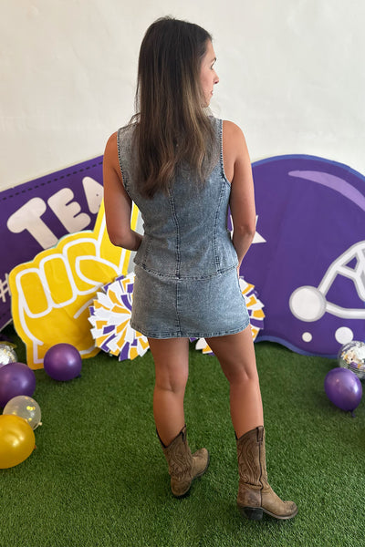 Denim Zip Front Sleeveless Dress