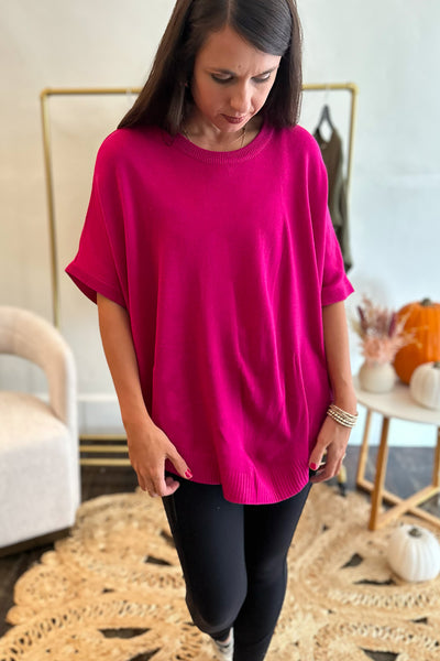 Solid Dolman SS Knit Top Magenta