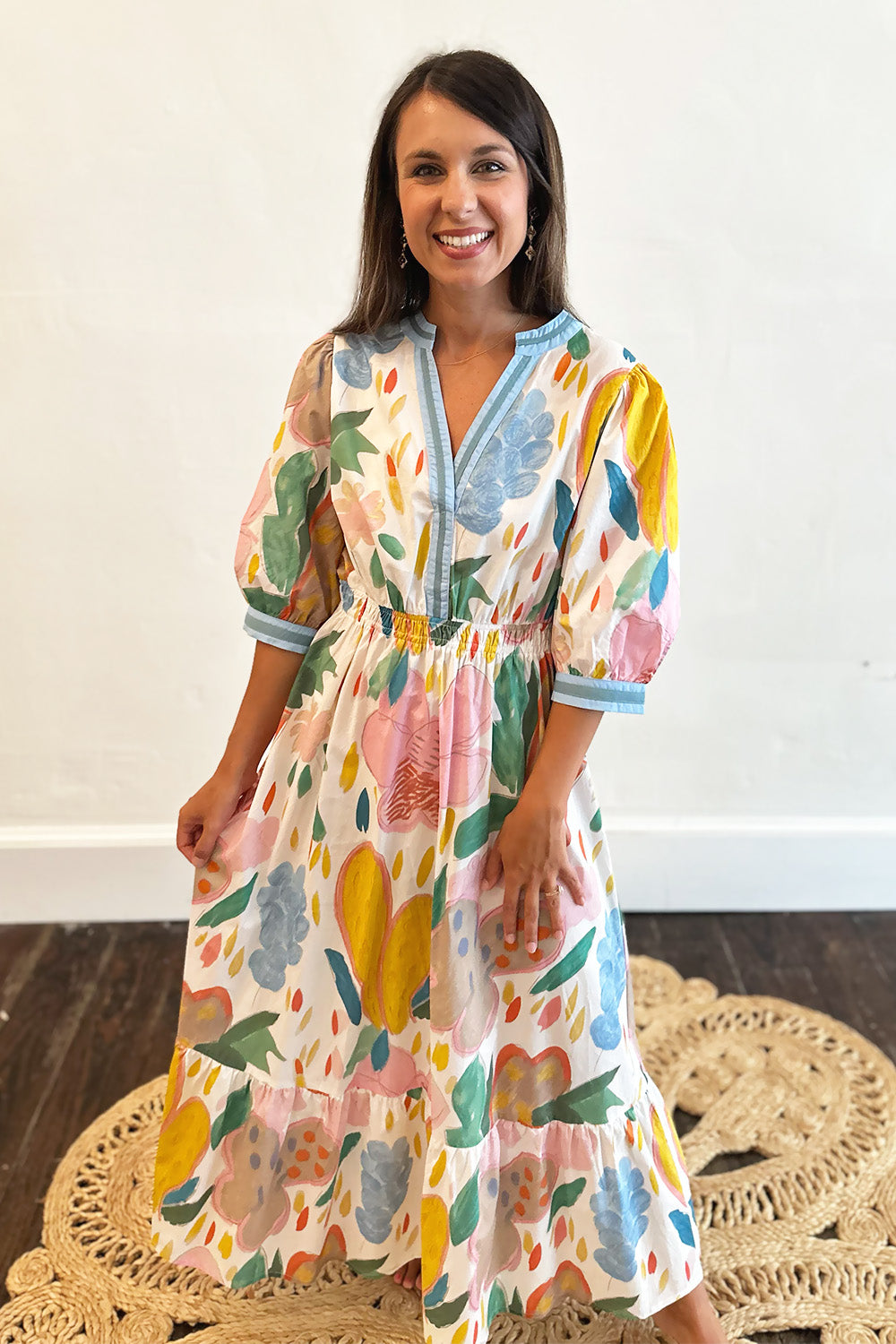 White & Colorful Abstract Floral Midi Dress