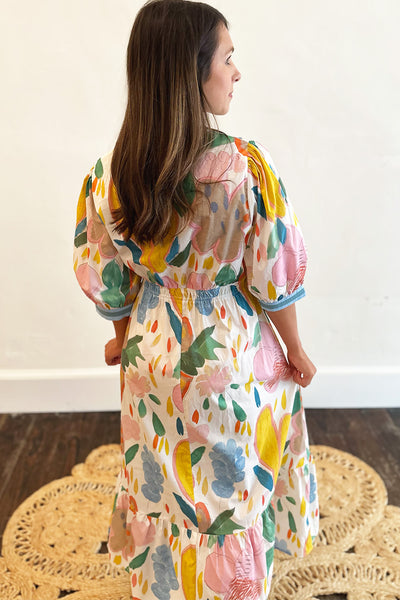 White & Colorful Abstract Floral Midi Dress