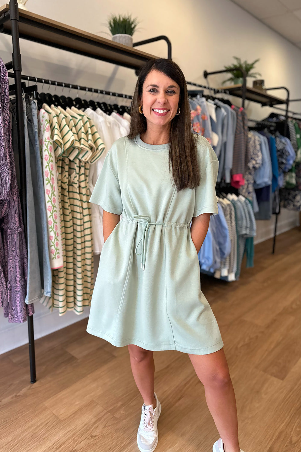 Drawstring Waist SS Dress Sage