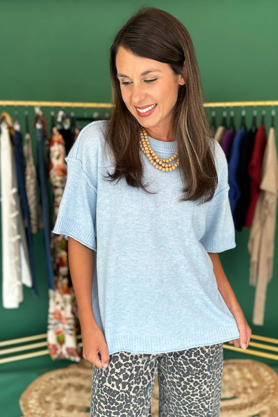 Solid Short Sleeve Drop Shoulder Knit Blue
