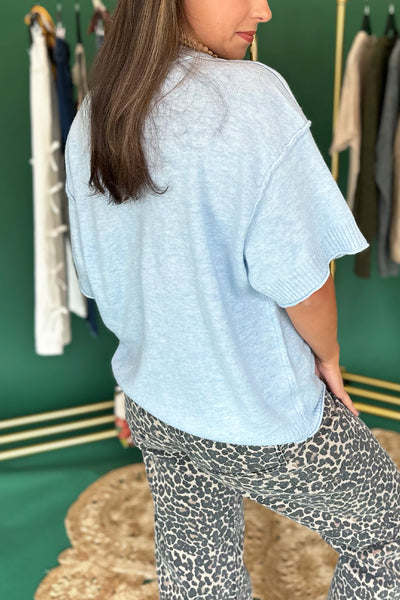 Solid Short Sleeve Drop Shoulder Knit Blue