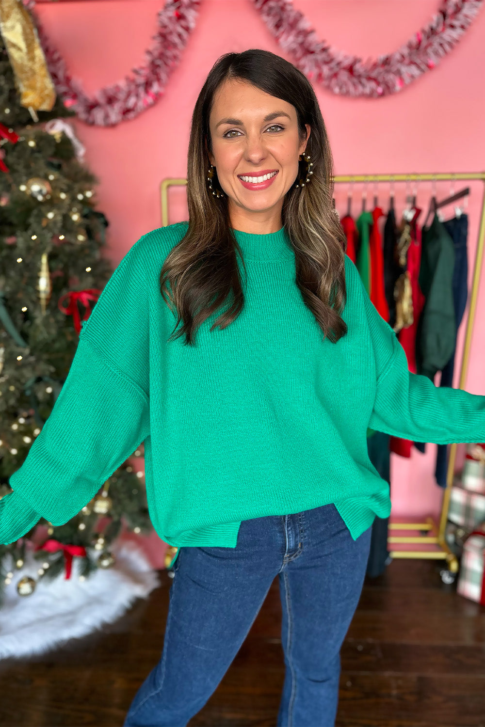 Drop Shoulder Solid Sweater Green