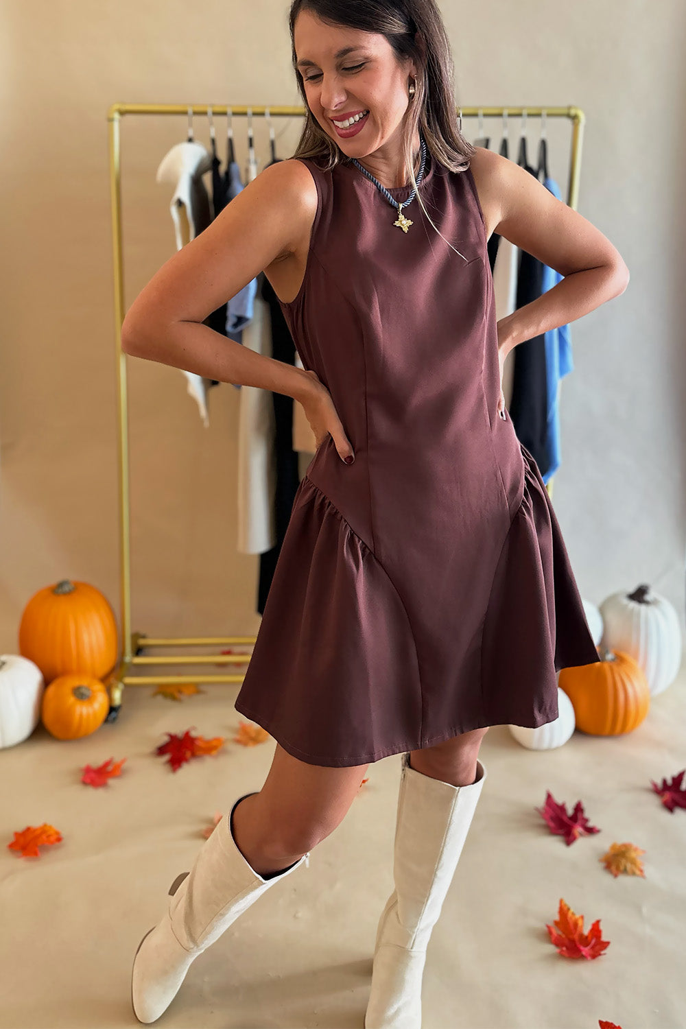 Drop Waist Sleeveless Dress Brown