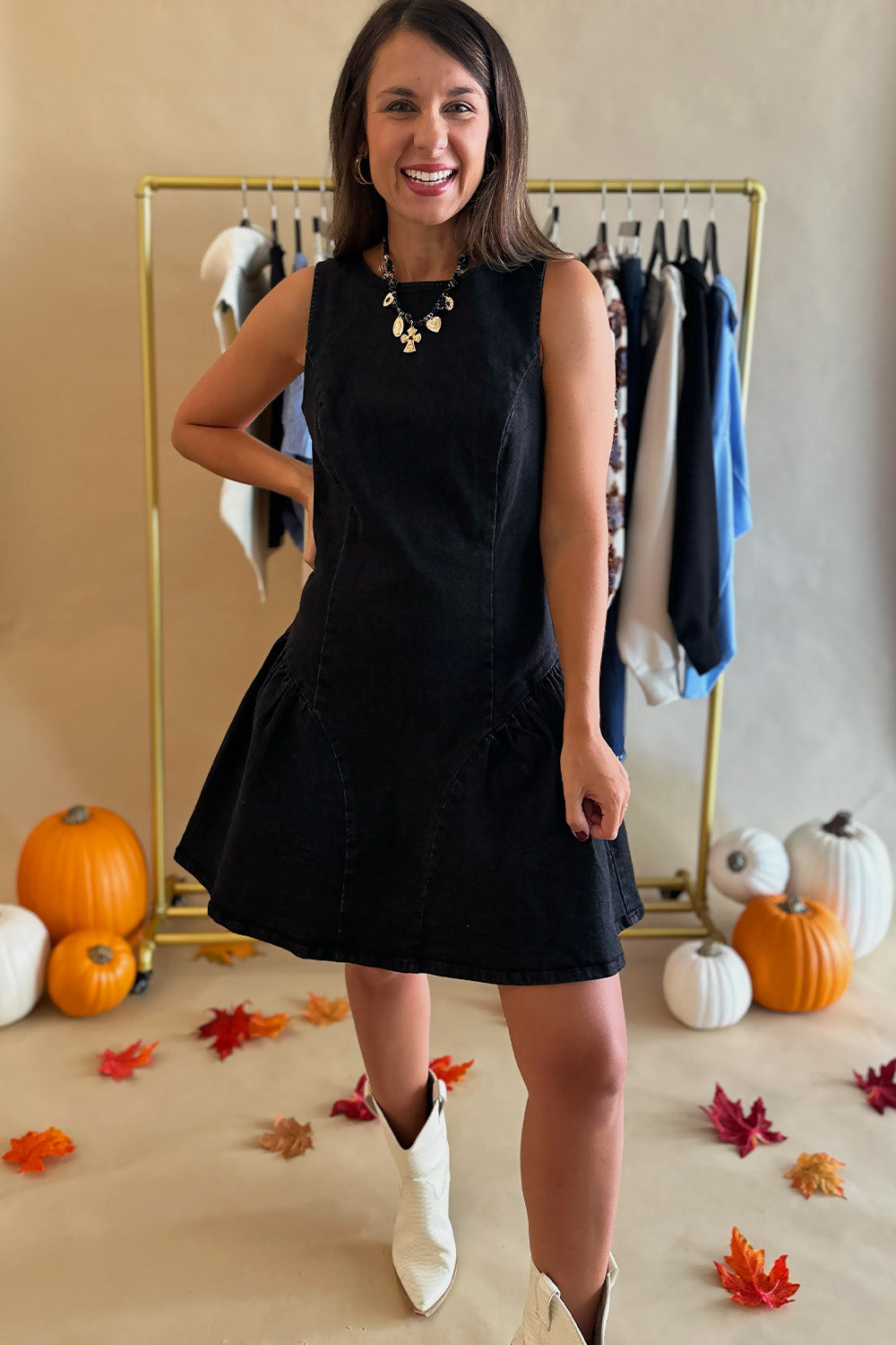 Drop Waist Sleeveless Dress Black Denim