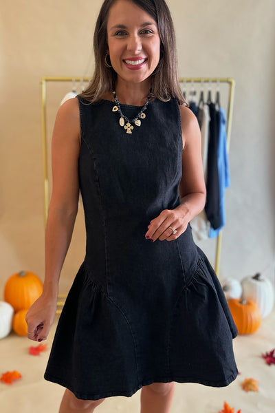 Drop Waist Sleeveless Dress Black Denim