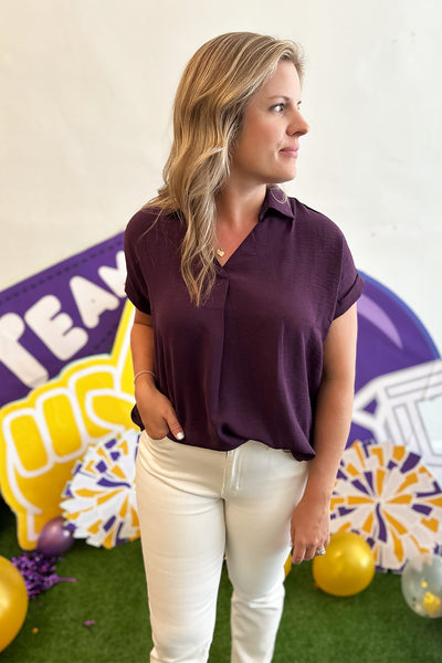 Dark Purple Collared Vneck Blouse