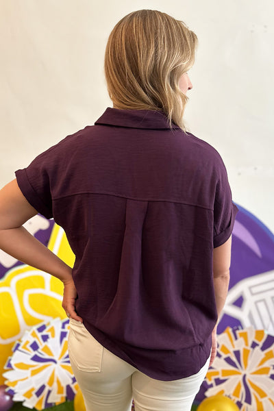 Dark Purple Collared Vneck Blouse