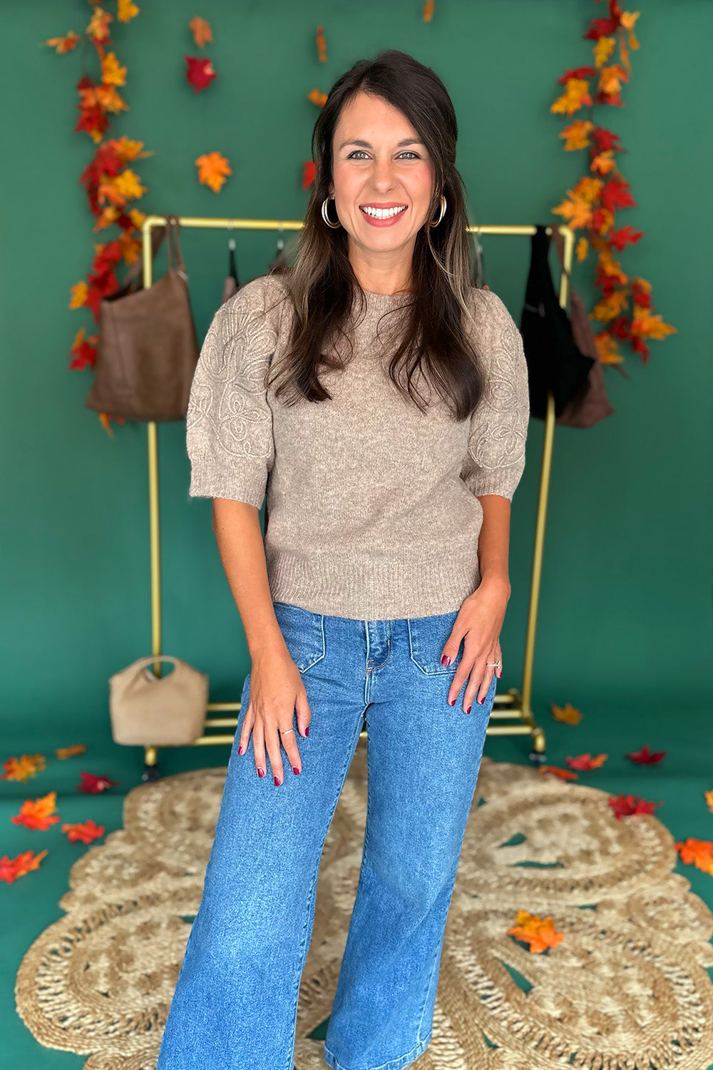 Embroidered Puff Sleeve Sweater Tan
