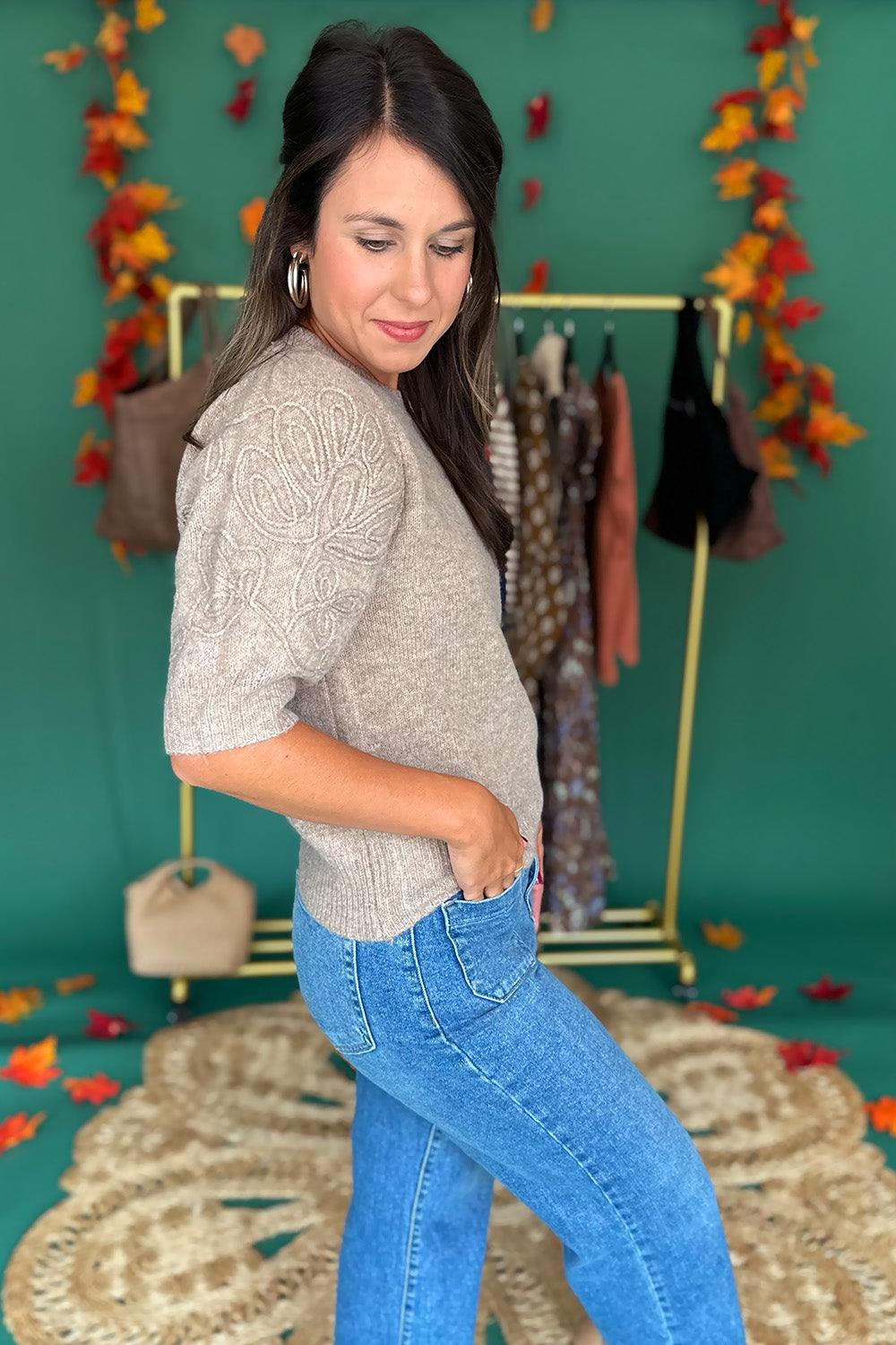 Embroidered Puff Sleeve Sweater Tan