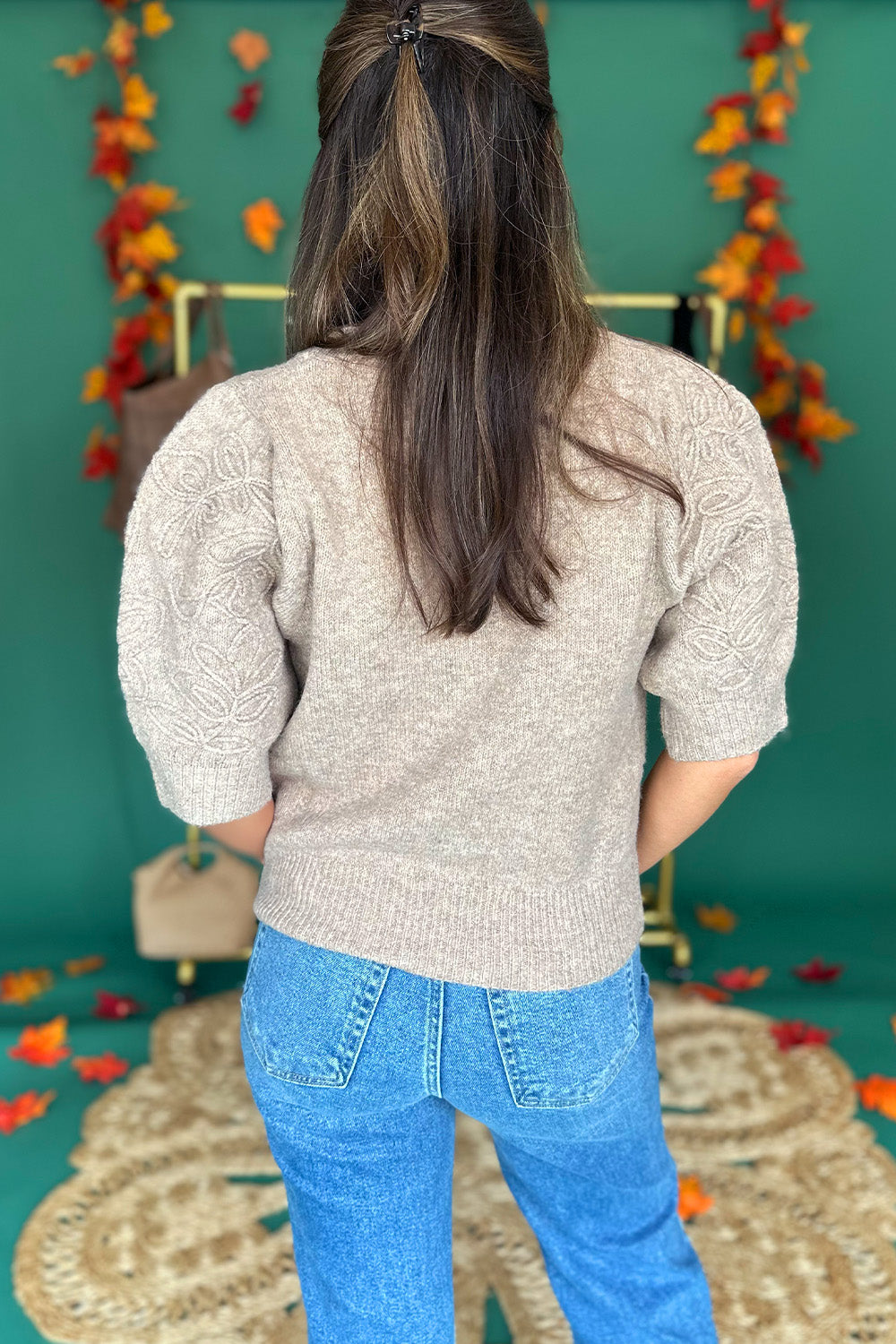Embroidered Puff Sleeve Sweater Tan