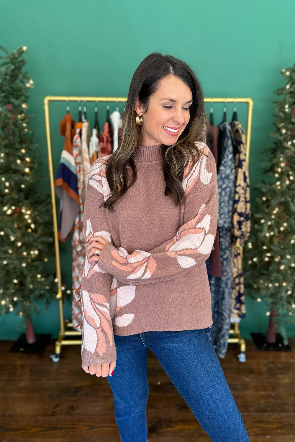 Mocha Floral Wide Sleeve Sweater