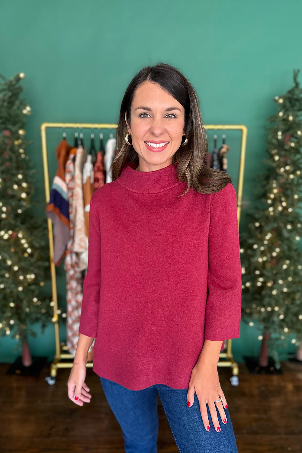 Mock Neck Bell Sleeve Sweater Berry Red