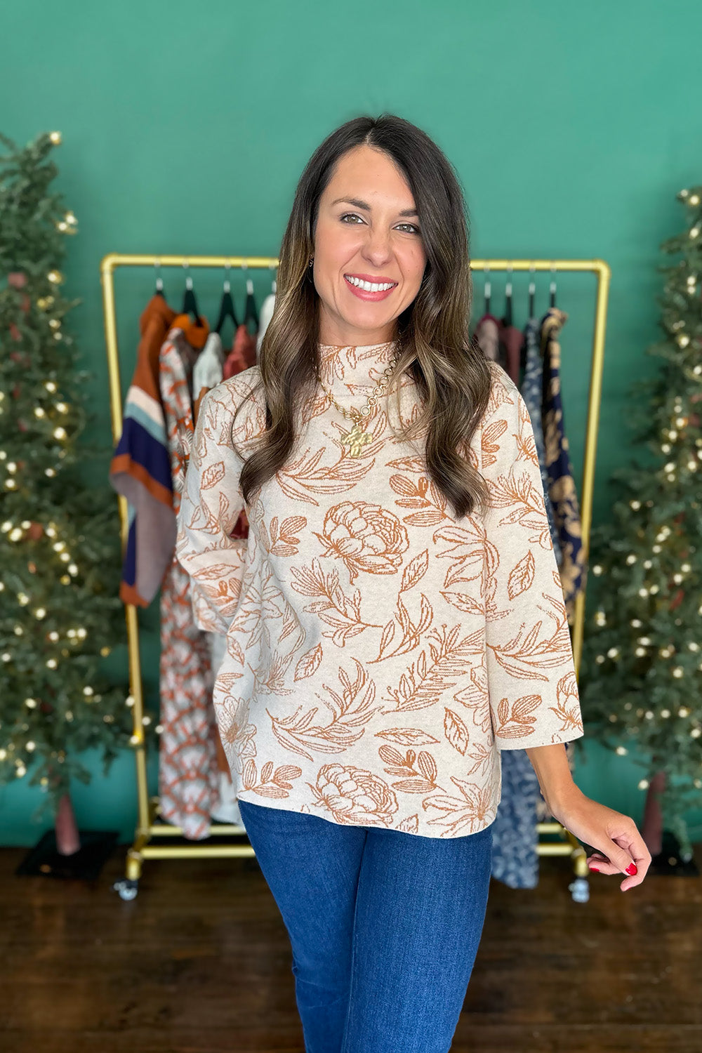 Mock Neck Bell Sleeve Sweater Tan Print