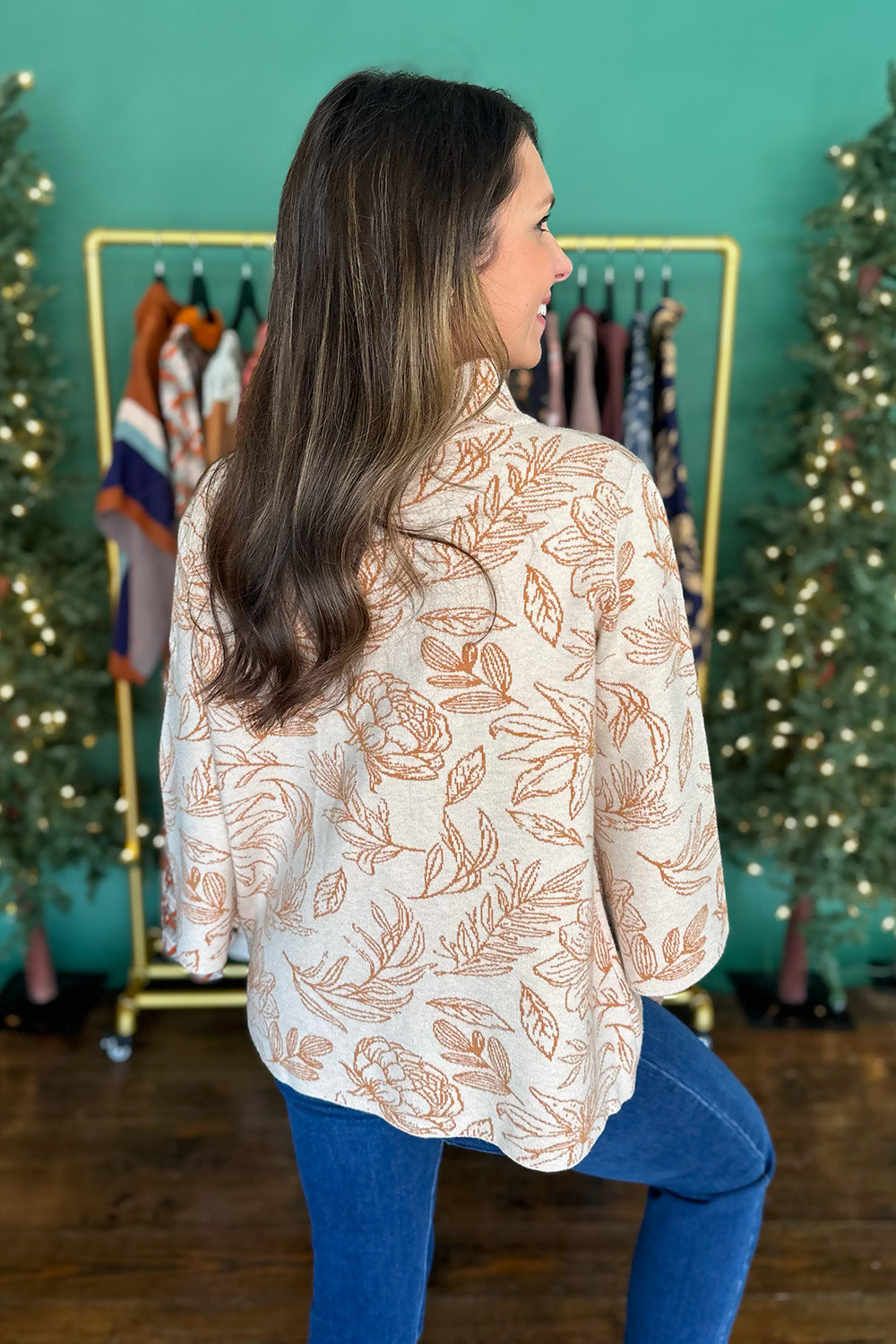 Mock Neck Bell Sleeve Sweater Tan Print