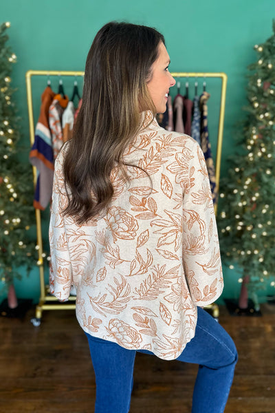 Mock Neck Bell Sleeve Sweater Tan Print
