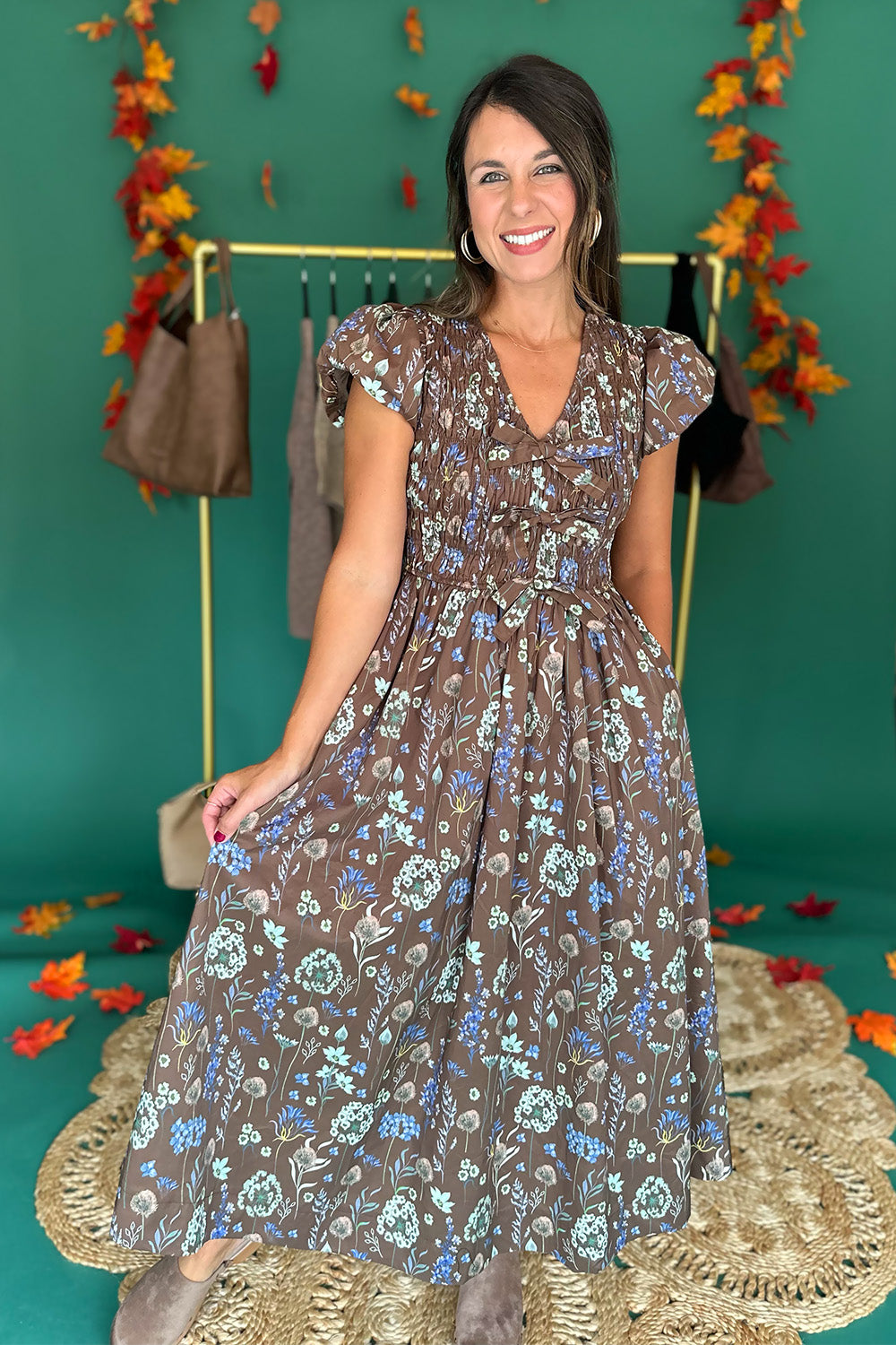 Brown Floral Tie Front SS Midi