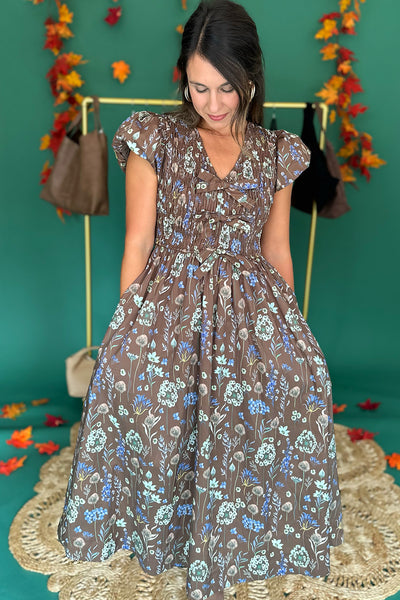 Brown Floral Tie Front SS Midi