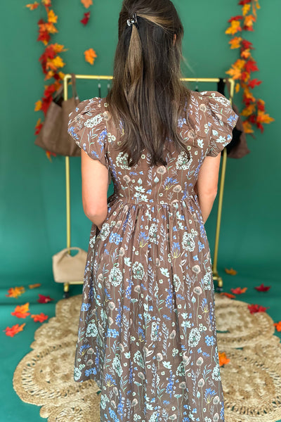 Brown Floral Tie Front SS Midi