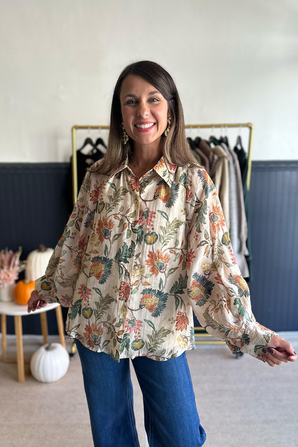 Ecru Floral Printed Button Down Blouse