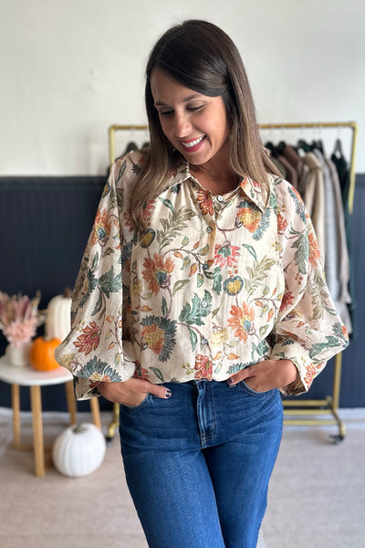Ecru Floral Printed Button Down Blouse