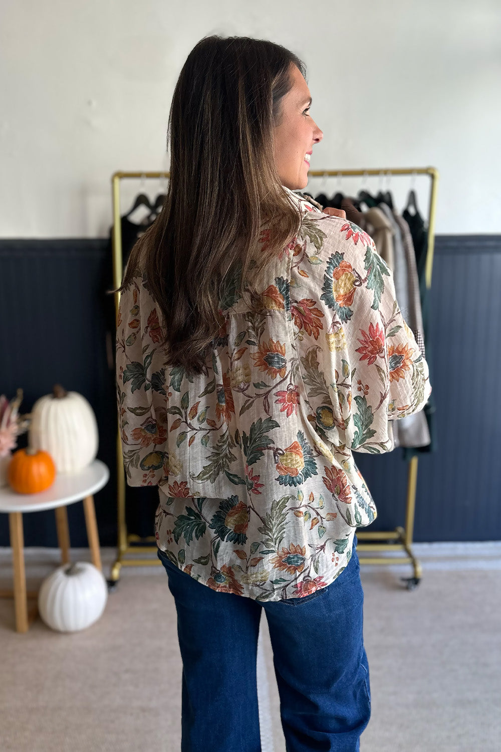 Ecru Floral Printed Button Down Blouse