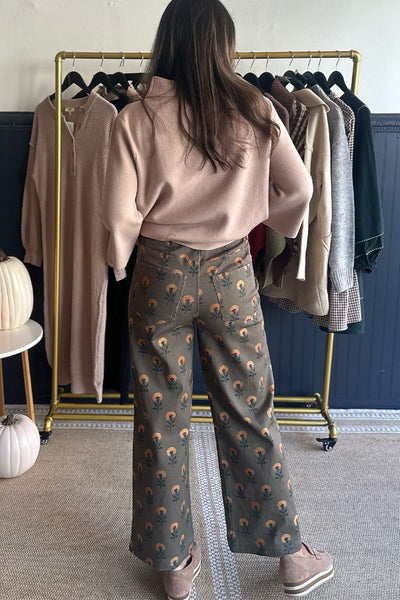 Olive Floral Printed Wide Leg Pants