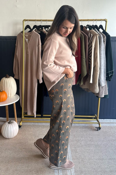 Olive Floral Printed Wide Leg Pants