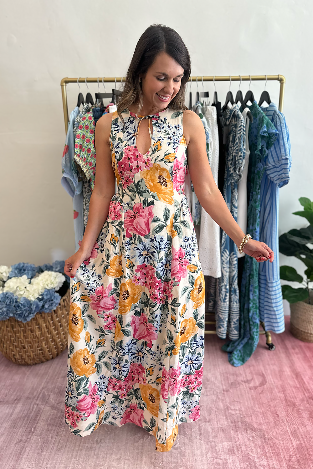 olivaceous linen dress Floral Sleeveless Long by Dog Rent For:5 Days plus size plus size Designed for those who