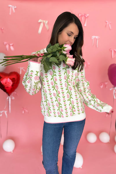 Ivory Pink and Green Floral Stripe Sweater