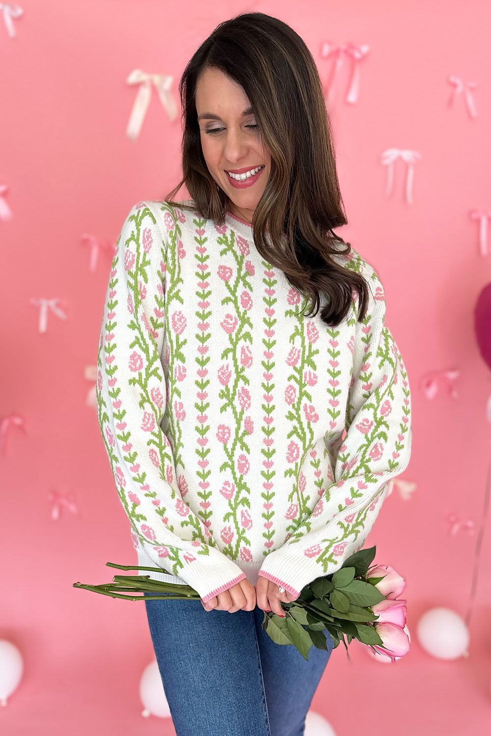 Ivory Pink and Green Floral Stripe Sweater