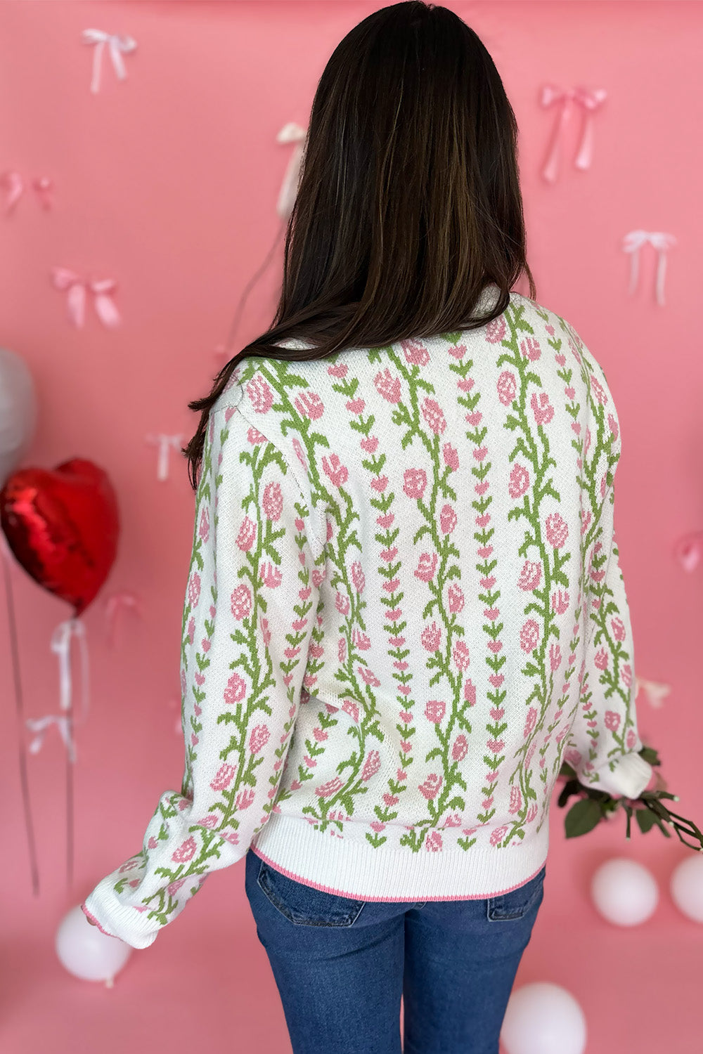 Ivory Pink and Green Floral Stripe Sweater