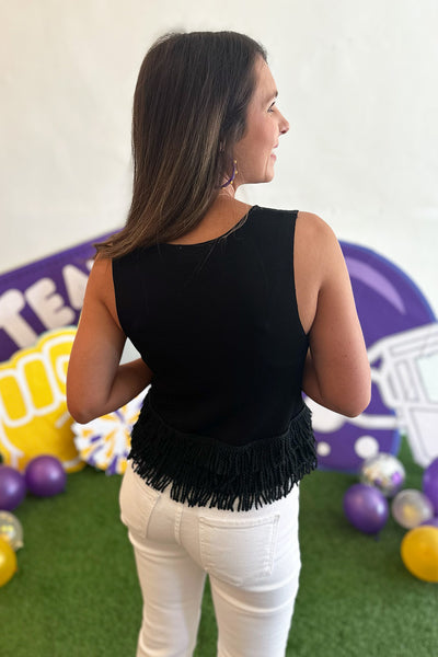 Fringe Hem Sleeveless Top Black