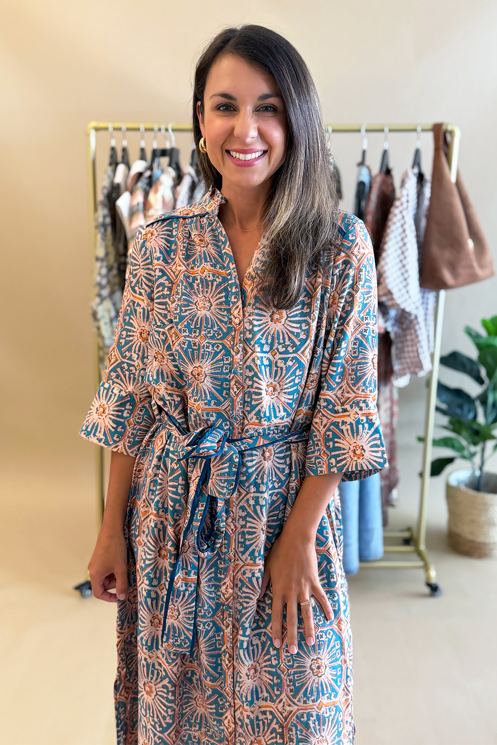 lady like you midi dress teal Printed Button Front Tie Waist swatch:garnet-plaid