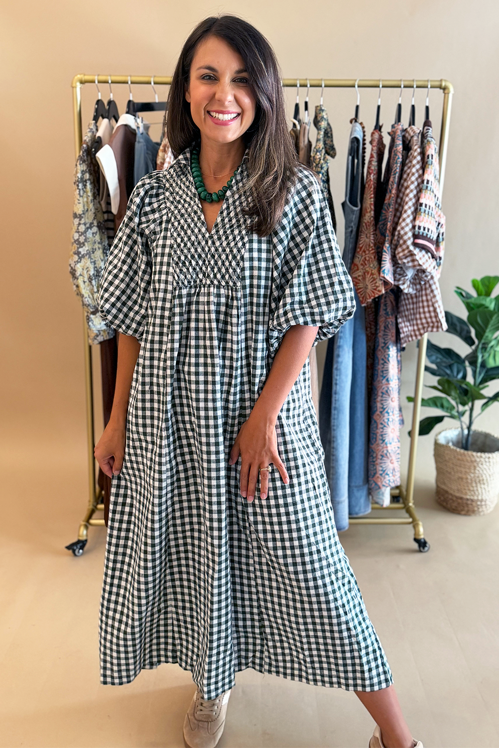 green check midi dress Gingham Puff Sleeve Straps & Sleeves: Wide Strap