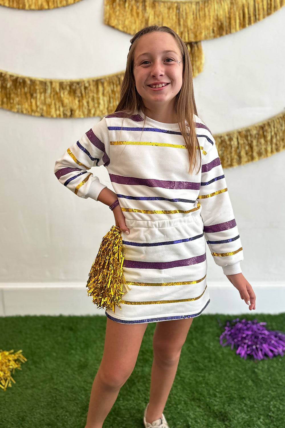 Girls Purple & Gold Sequin Stripe LS Dress