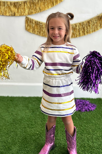 Girls Purple & Gold Sequin Stripe LS Dress