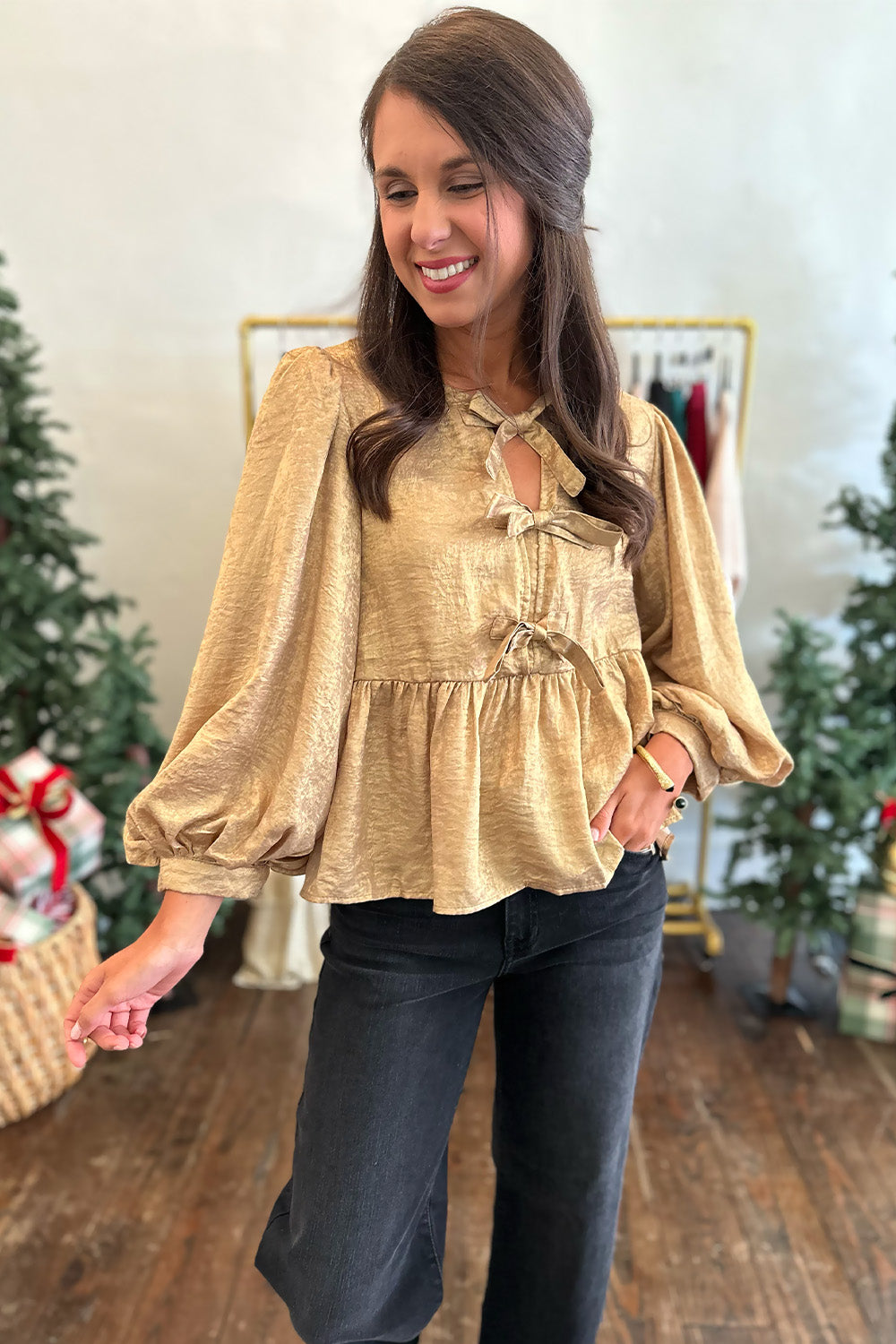 Gold Metallic Tie Front Blouse